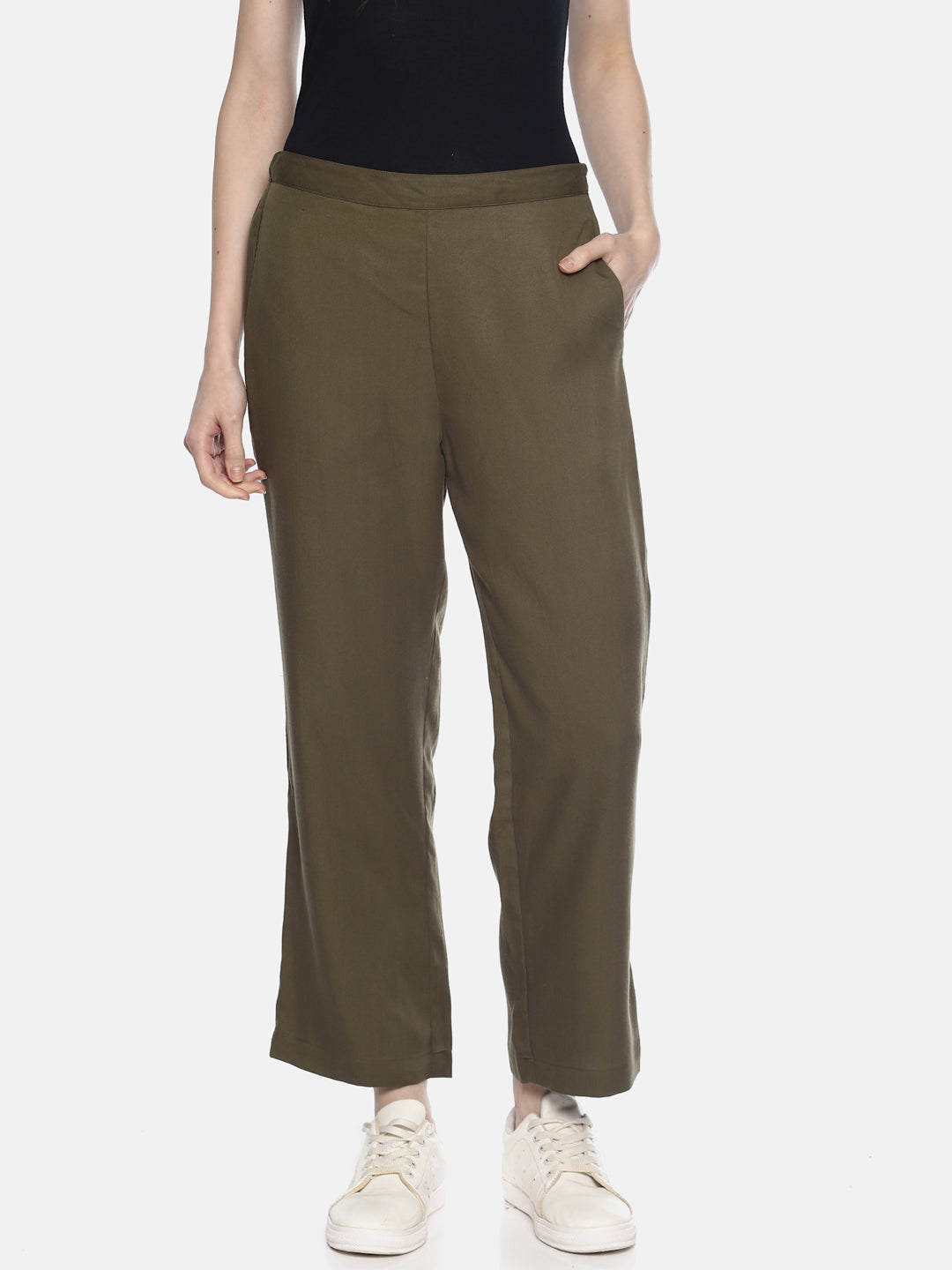 Green elastic Pant. Front angle