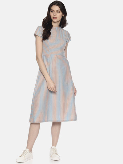 Back Open Dress - Blue Stripes - Studio Y - Cap sleeve midi dress