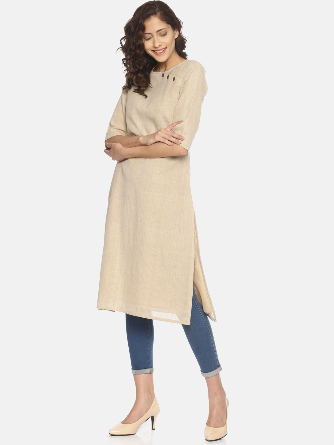 Button Neck Khaki Kurta - Studio Y