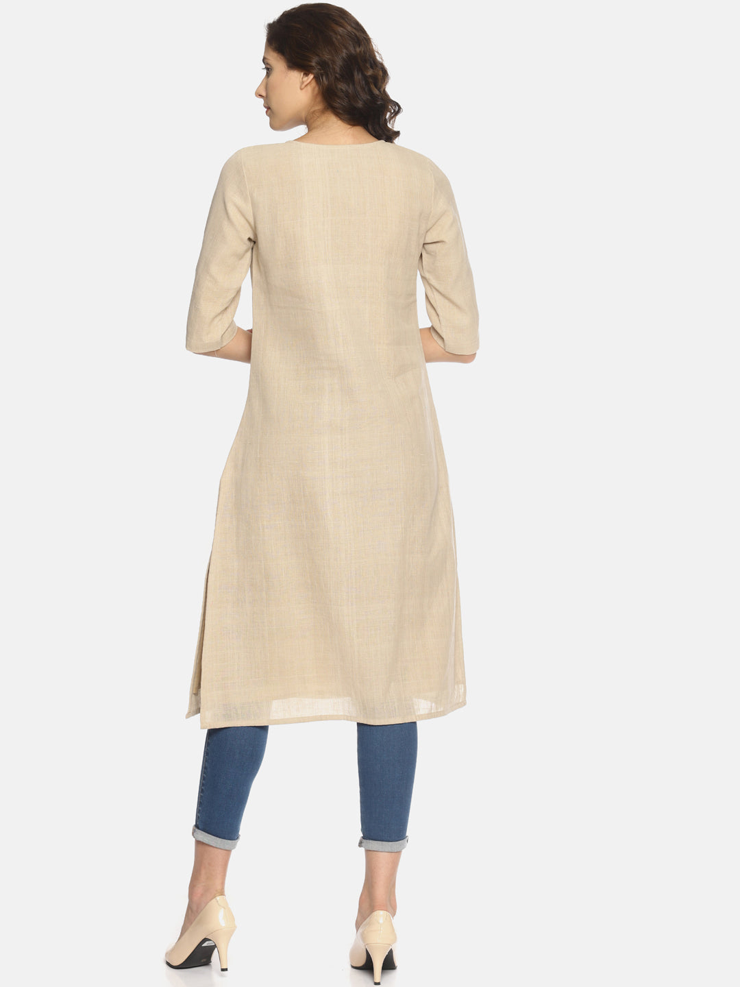 Button Neck Khaki Kurta - Studio Y