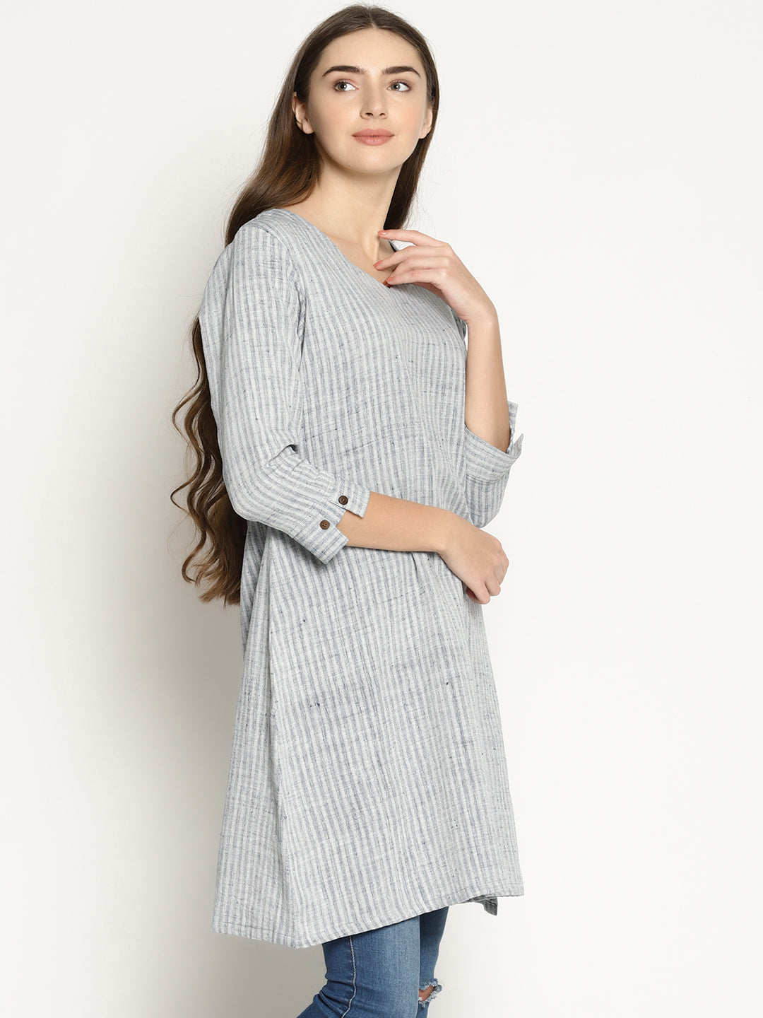 Striped Slit Kurta (Indigo) - Studio Y