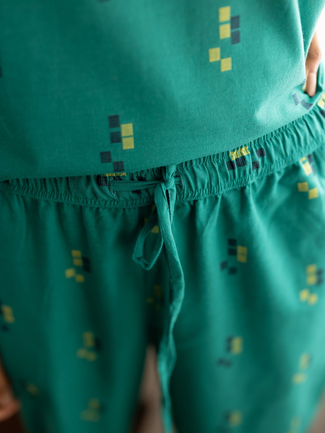 Green pajama set, close up