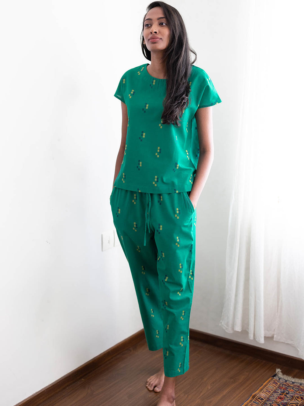 Green pajama set, front angle